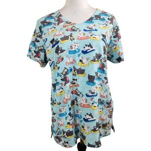 Zoe + Chloe Womens M‎ Blue Cat Pool Float Scrub Top V-Neck Short Sleeve